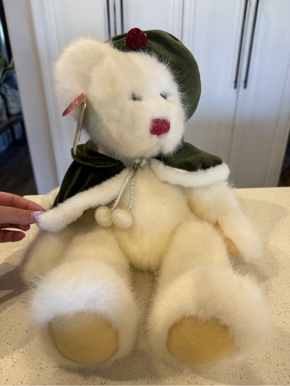 Russ Crystal Bear- Cream Plush Bear with Green Velvet Cape and Red Accent